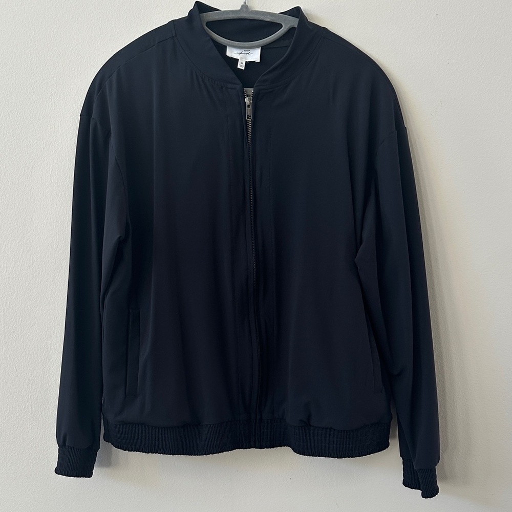 Womens M Black Lightweight Windbreaker Bomber Jacket Minimalist Full Zip Pockets
